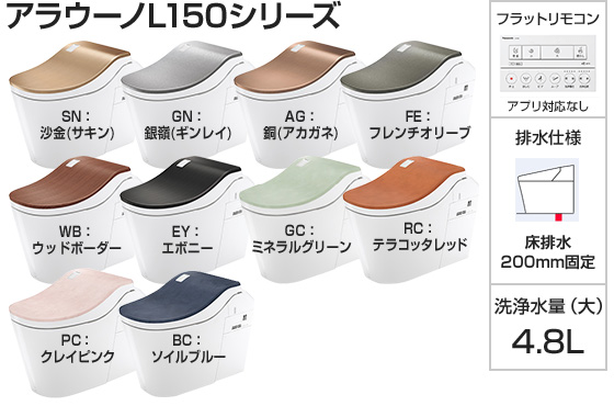 パナソニック トイレ『アラウーノL150』タイプ1 [床排水芯120mm・200mm固定][便座一体型][便ふたカラー:色つき][フラットリモコン:ホワイト][アプリ対応なし][オゾンウォーター][激落ちバブル]