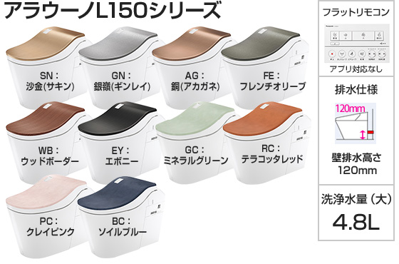 パナソニック トイレ『アラウーノL150』タイプ0 [壁排水120ｍｍ][便座一体型][便ふたカラー:色つき][フラットリモコン:ホワイト][アプリ対応なし][ナノイーX][オゾンウォーター][温風乾燥][激落ちバブル]